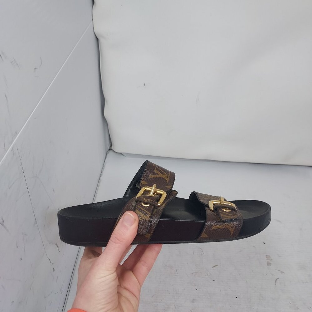Louis Vuitton Brown Buckle Bom Dia Monogram Flat Slide Sandal - Picture 9 of 13